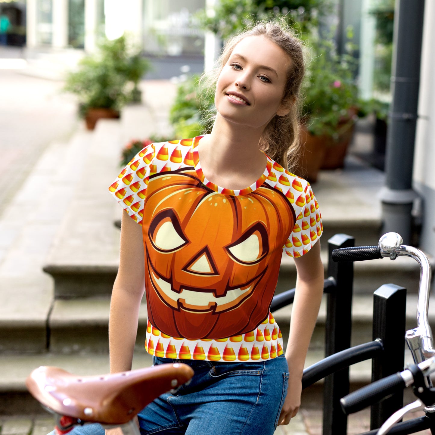 Festive Crop Shirt - Candy Corn & Jack-o-lantern Design, Spooky Crop Top featuring Candy Corn & Jack-o-lantern