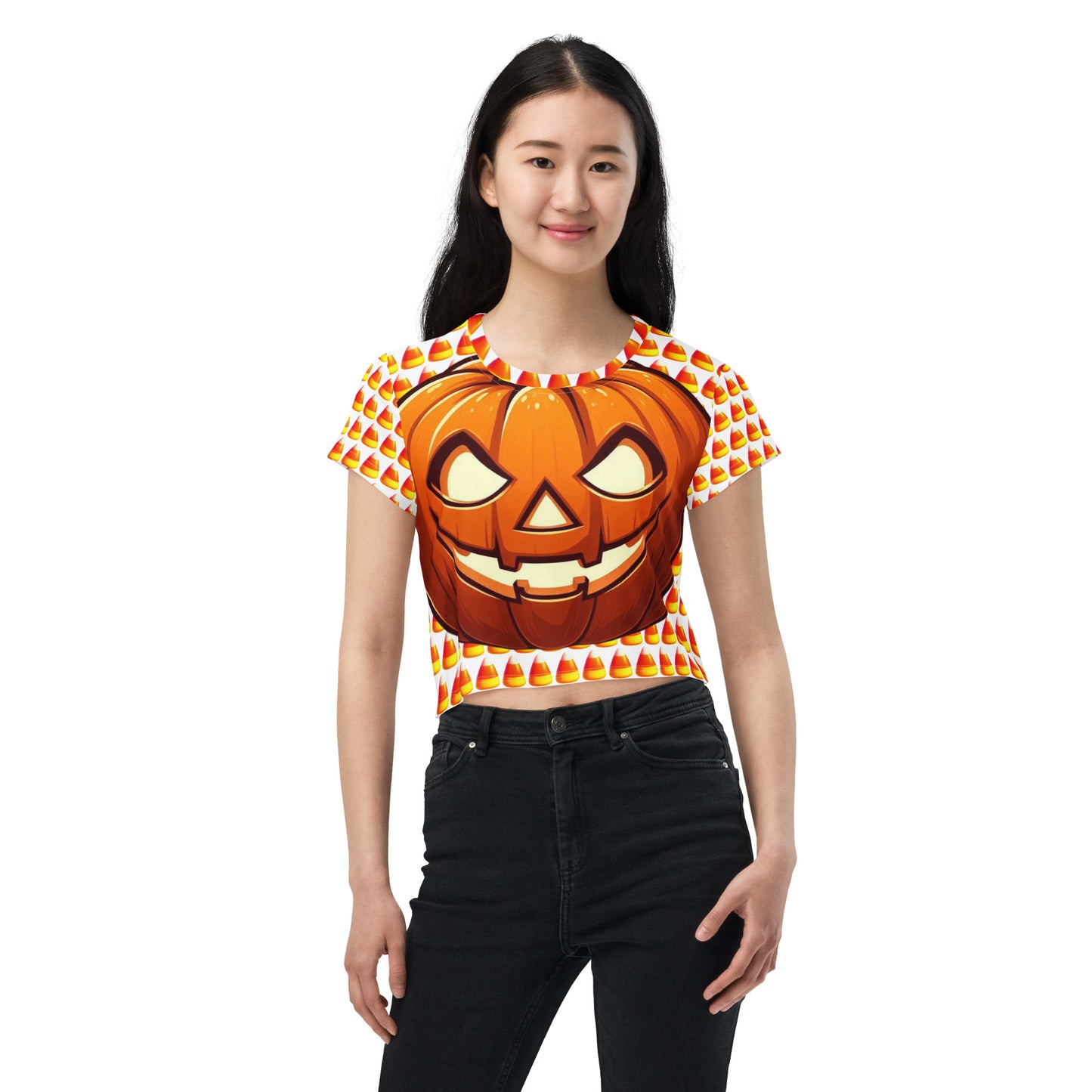 Festive Crop Shirt - Candy Corn & Jack-o-lantern Design, Spooky Crop Top featuring Candy Corn & Jack-o-lantern