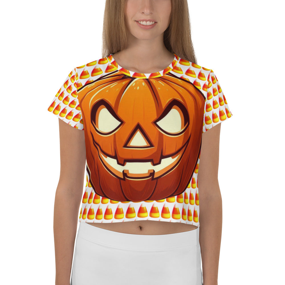 Festive Crop Shirt - Candy Corn & Jack-o-lantern Design, Spooky Crop Top featuring Candy Corn & Jack-o-lantern