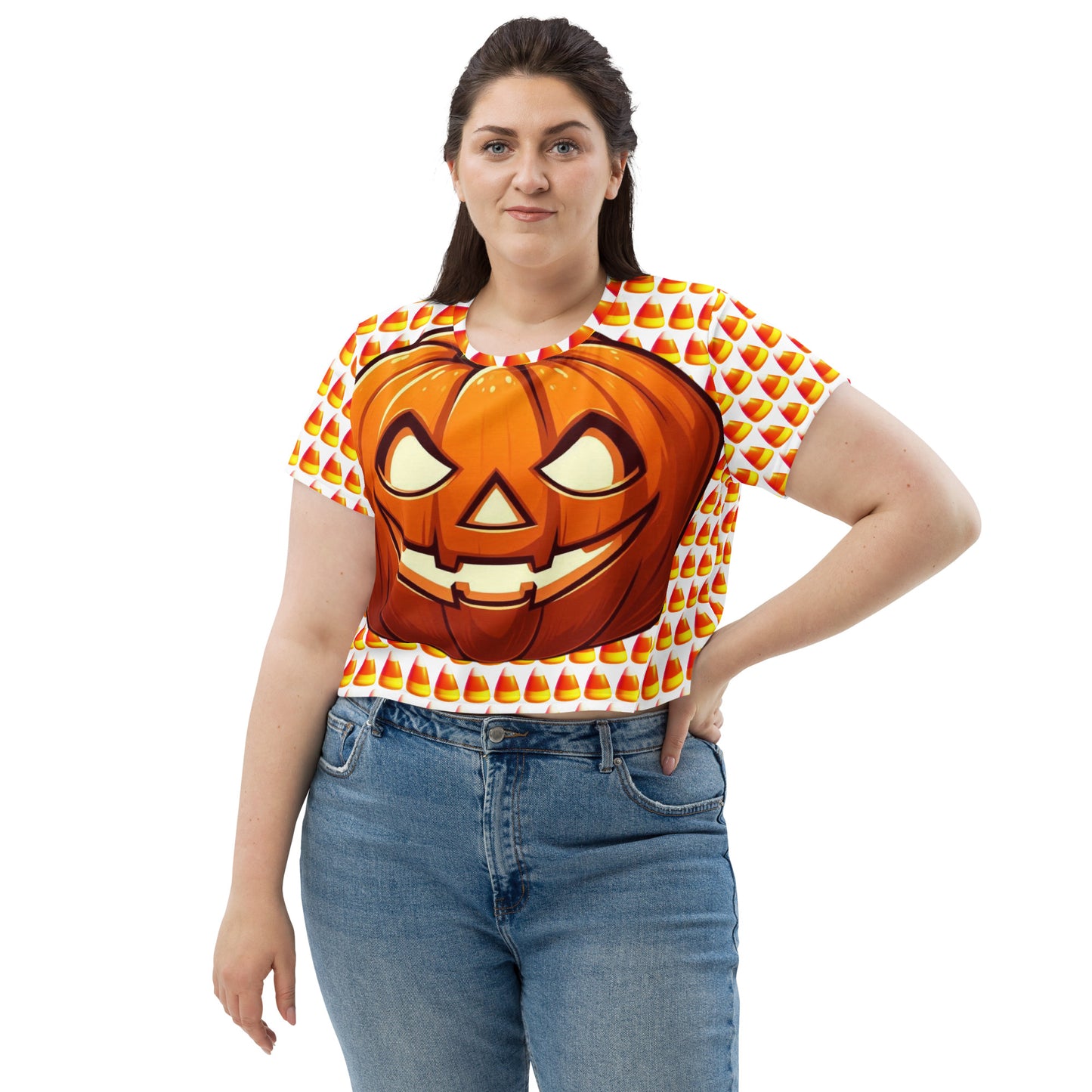 Festive Crop Shirt - Candy Corn & Jack-o-lantern Design, Spooky Crop Top featuring Candy Corn & Jack-o-lantern