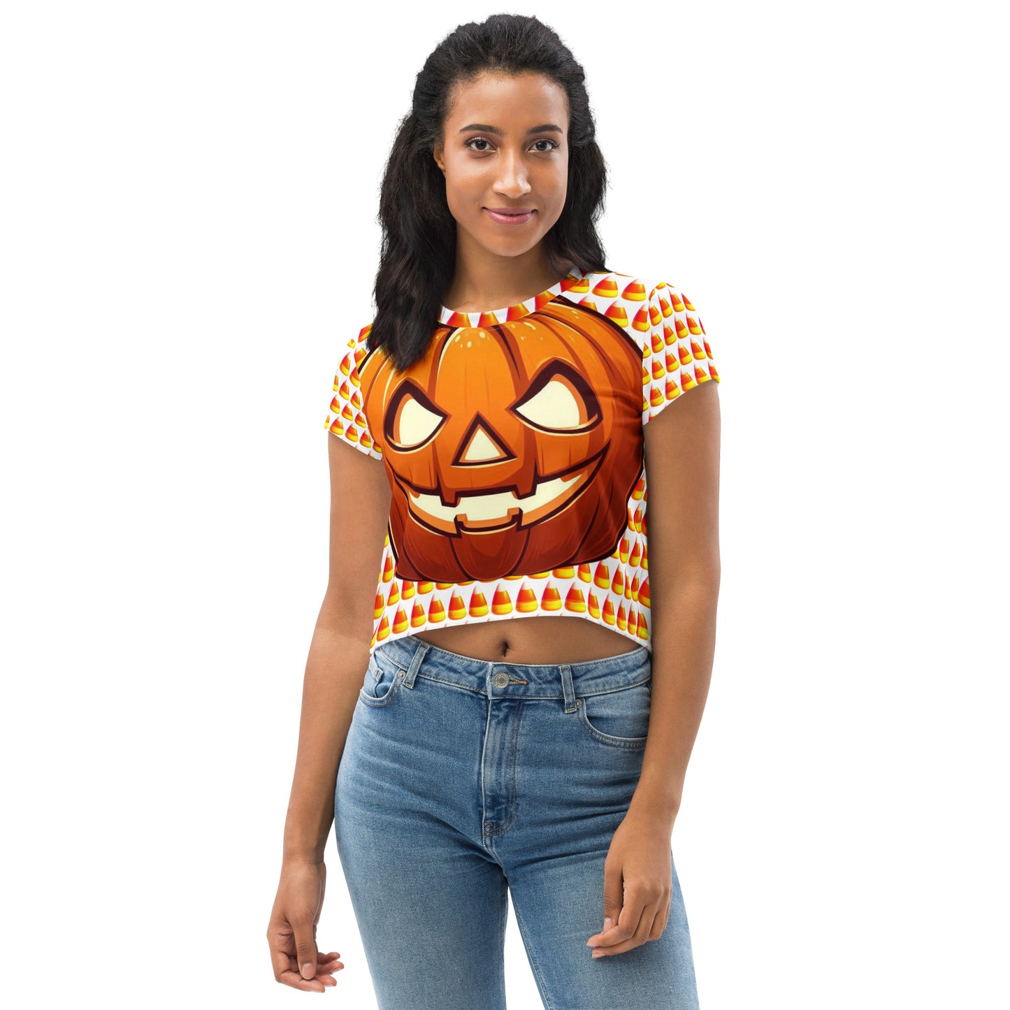 Festive Crop Shirt - Candy Corn & Jack-o-lantern Design, Spooky Crop Top featuring Candy Corn & Jack-o-lantern