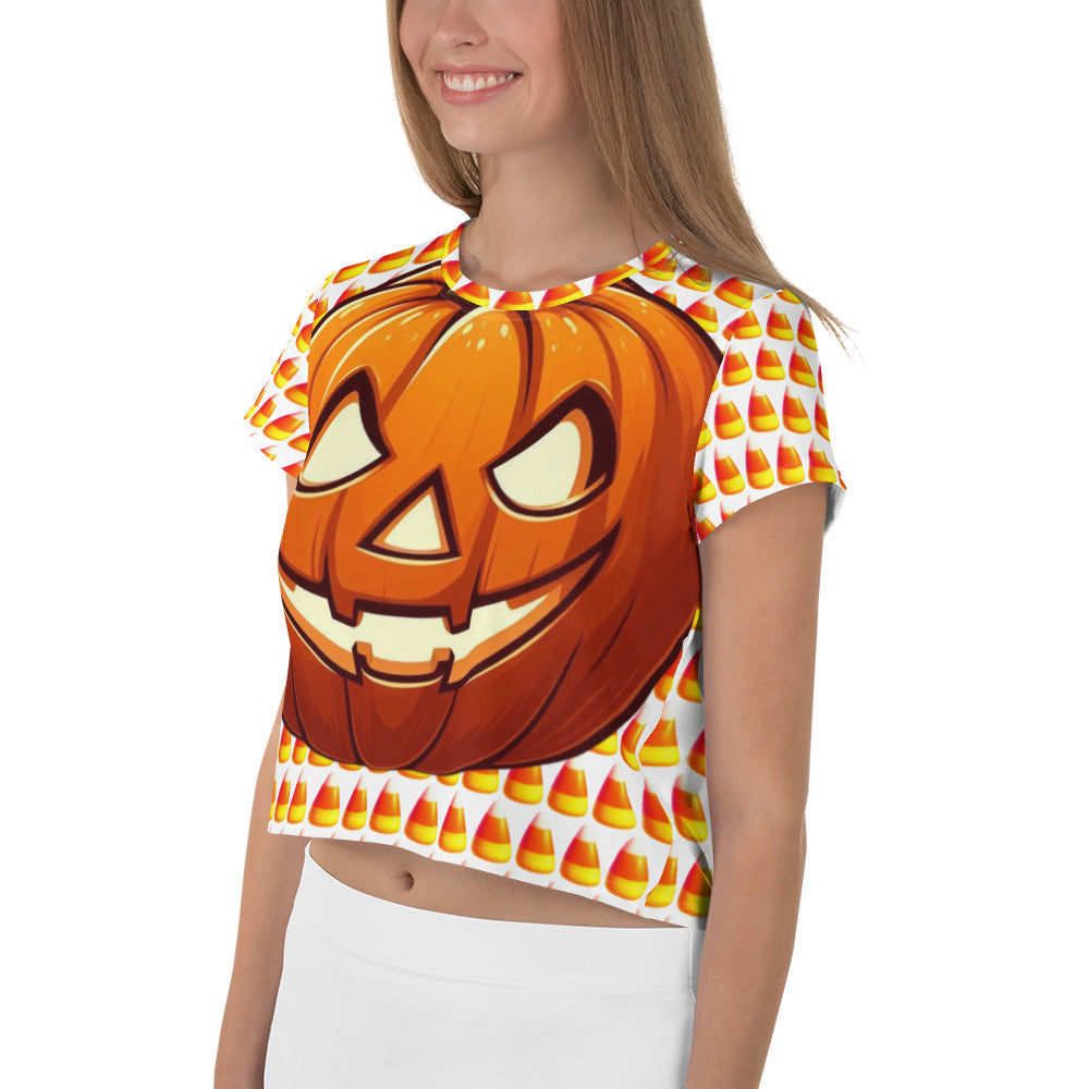 Festive Crop Shirt - Candy Corn & Jack-o-lantern Design, Spooky Crop Top featuring Candy Corn & Jack-o-lantern