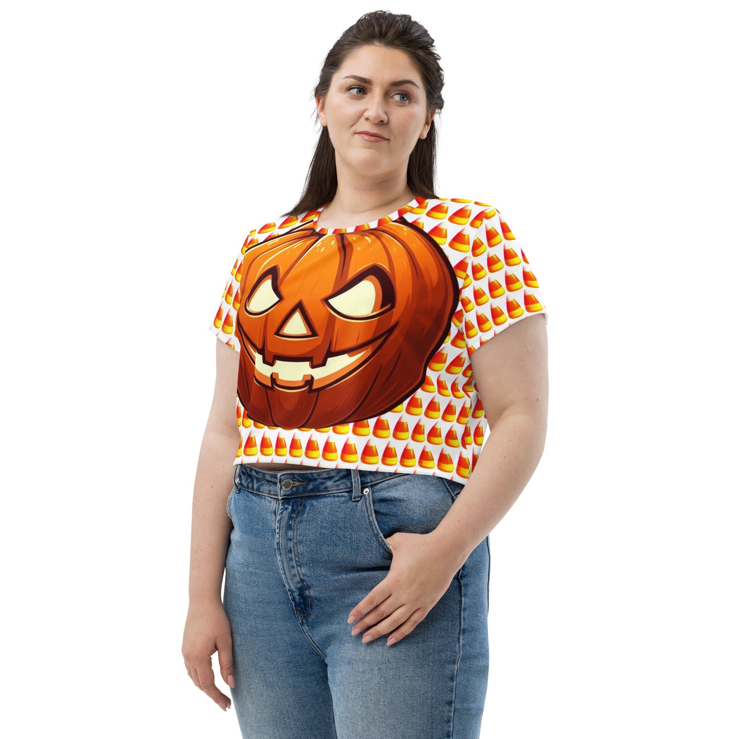 Festive Crop Shirt - Candy Corn & Jack-o-lantern Design, Spooky Crop Top featuring Candy Corn & Jack-o-lantern