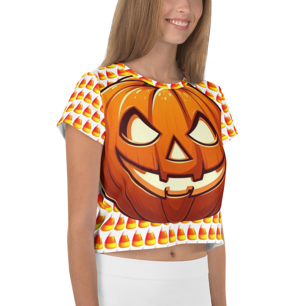 Festive Crop Shirt - Candy Corn & Jack-o-lantern Design, Spooky Crop Top featuring Candy Corn & Jack-o-lantern