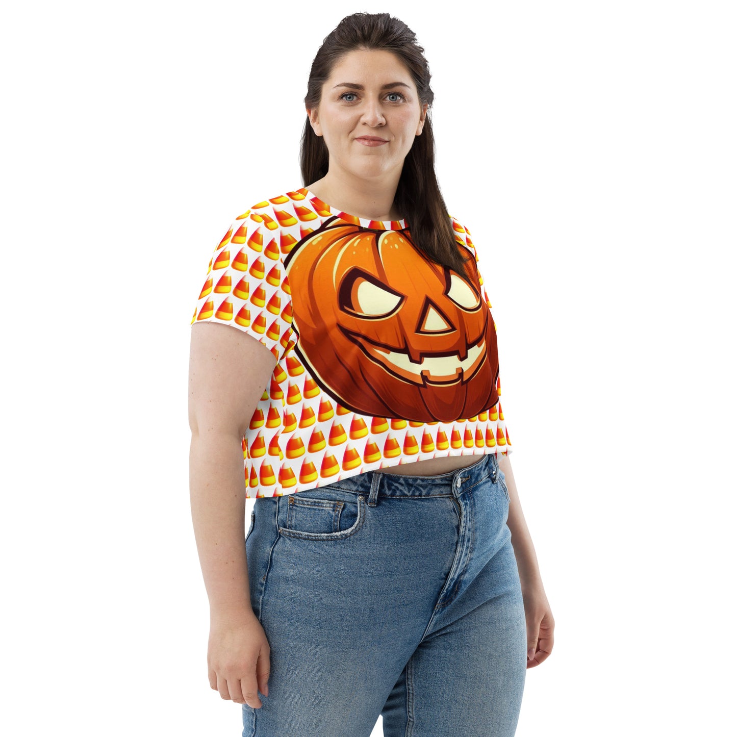 Festive Crop Shirt - Candy Corn & Jack-o-lantern Design, Spooky Crop Top featuring Candy Corn & Jack-o-lantern