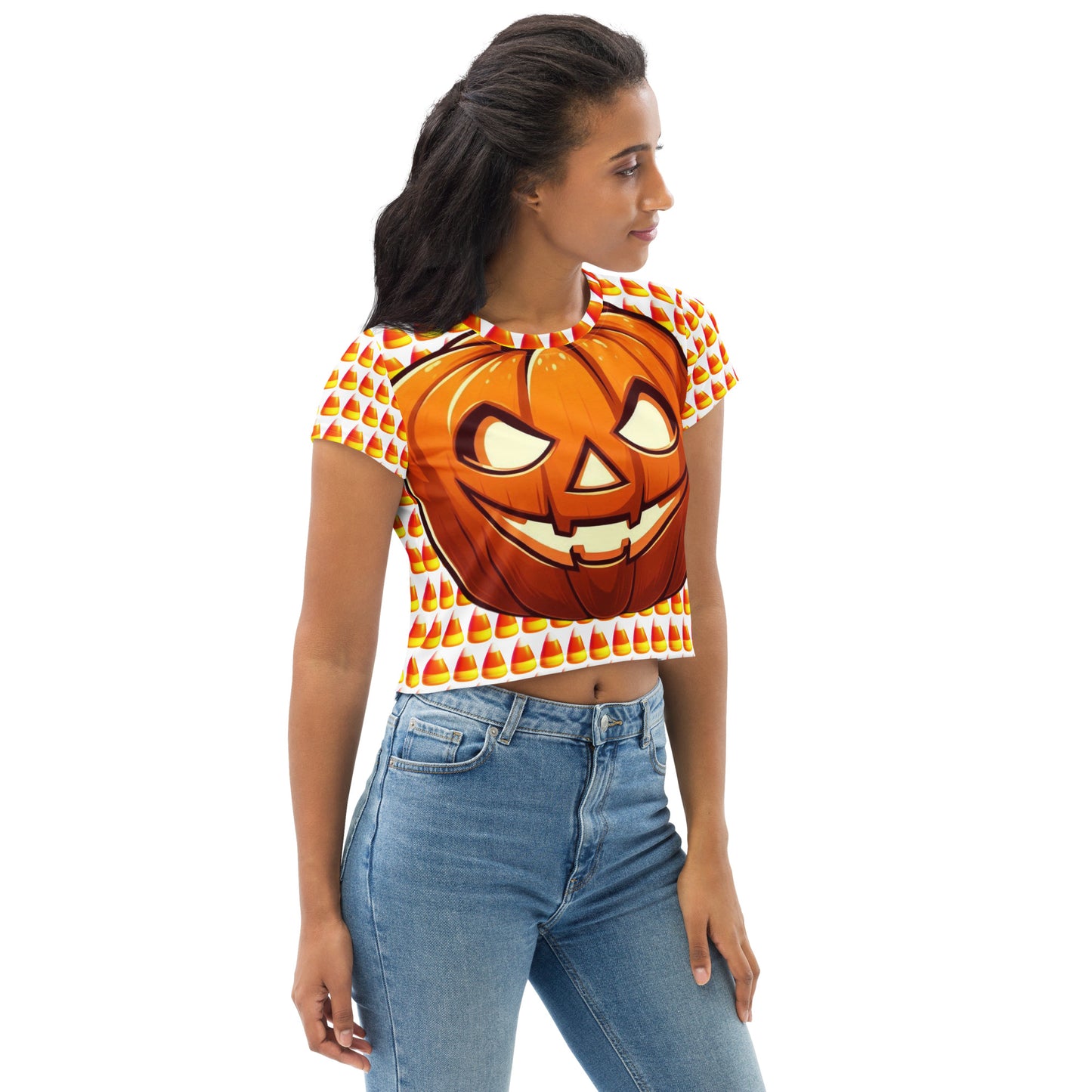 Festive Crop Shirt - Candy Corn & Jack-o-lantern Design, Spooky Crop Top featuring Candy Corn & Jack-o-lantern