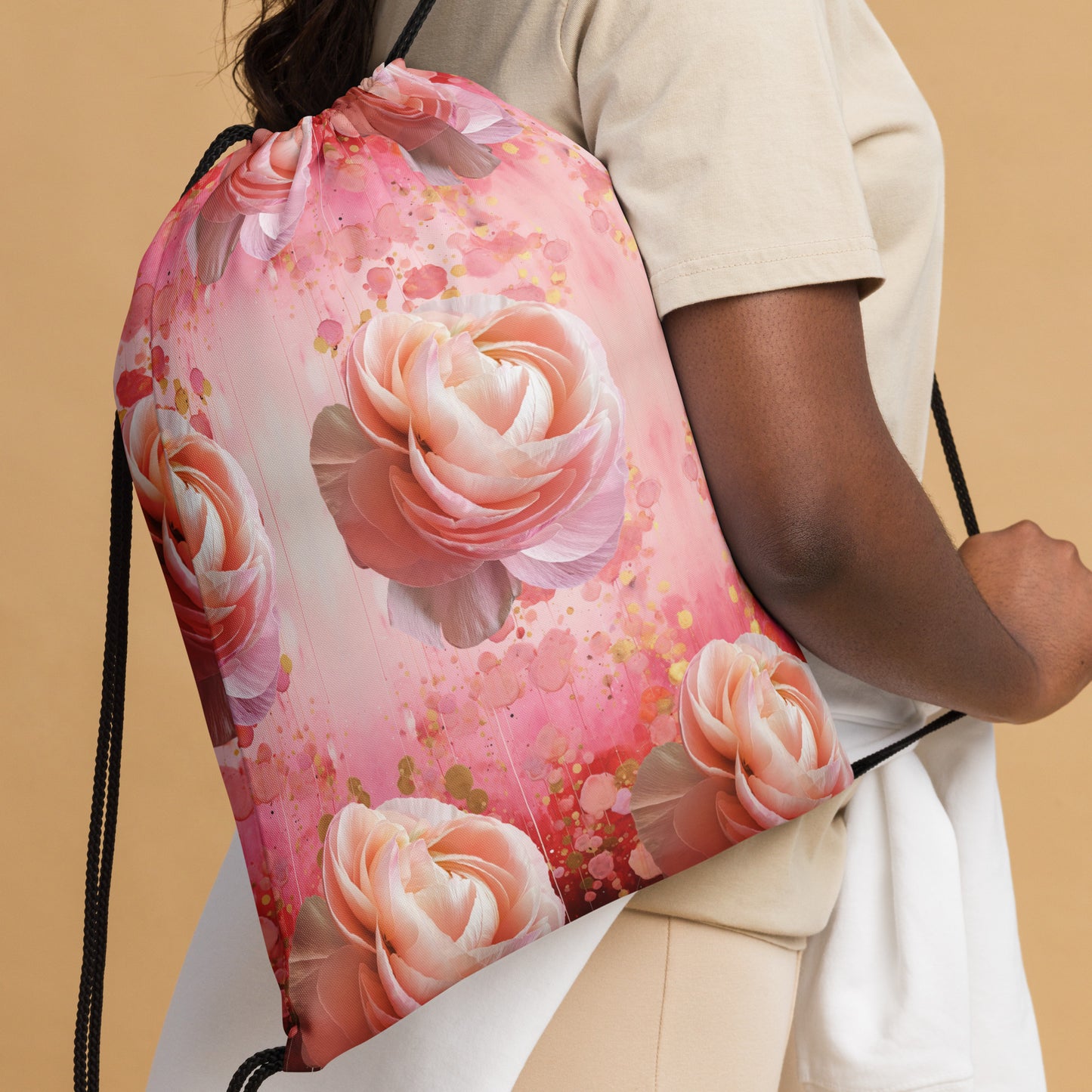 Drawstring bag - Red Pink Gold Pattern with Roses