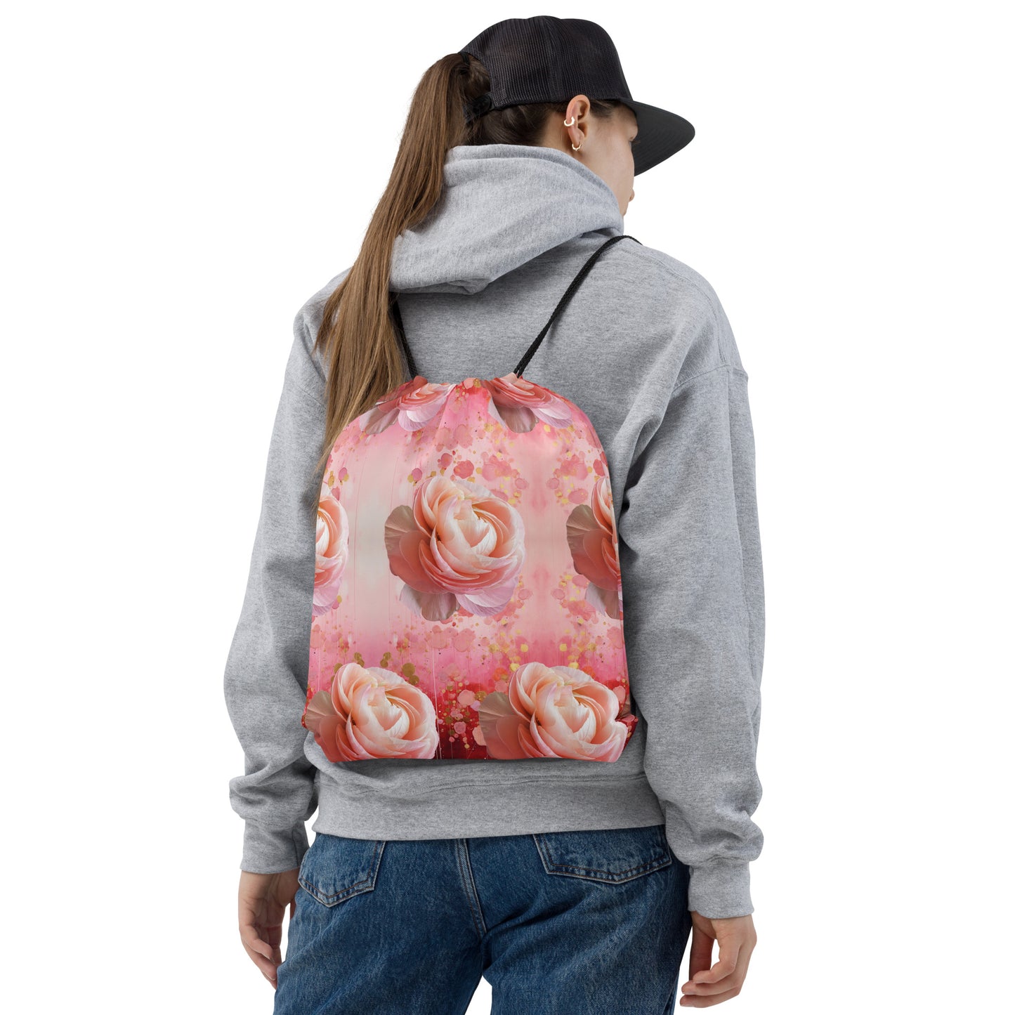 Drawstring bag - Red Pink Gold Pattern with Roses