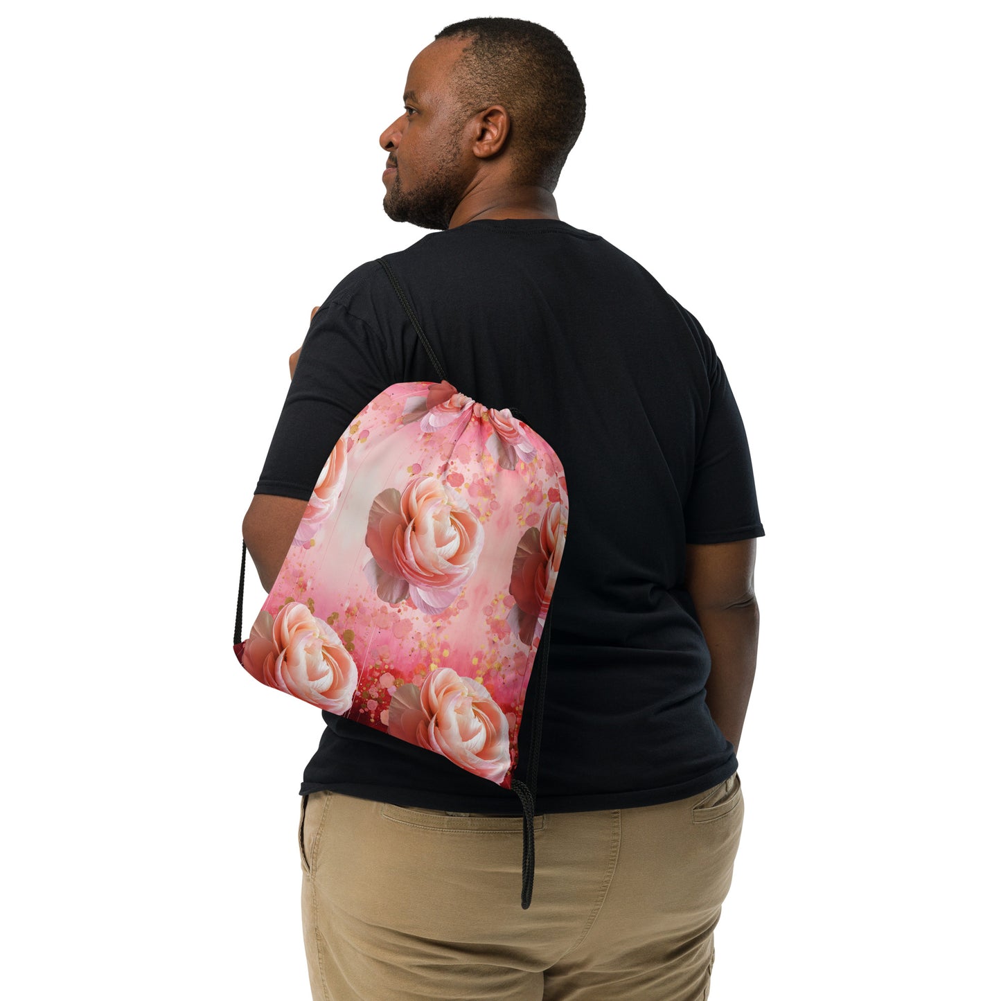 Drawstring bag - Red Pink Gold Pattern with Roses