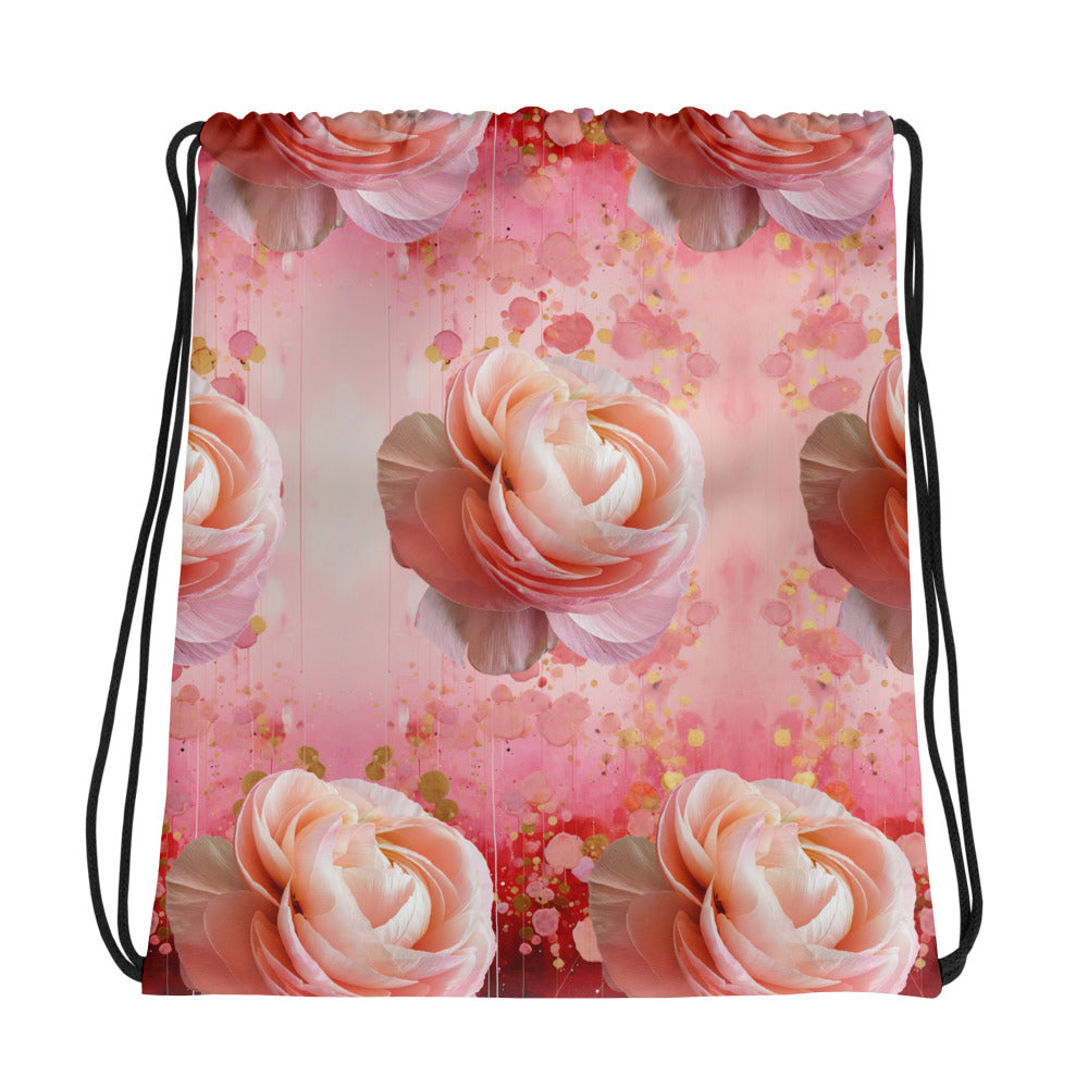 Drawstring bag - Red Pink Gold Pattern with Roses