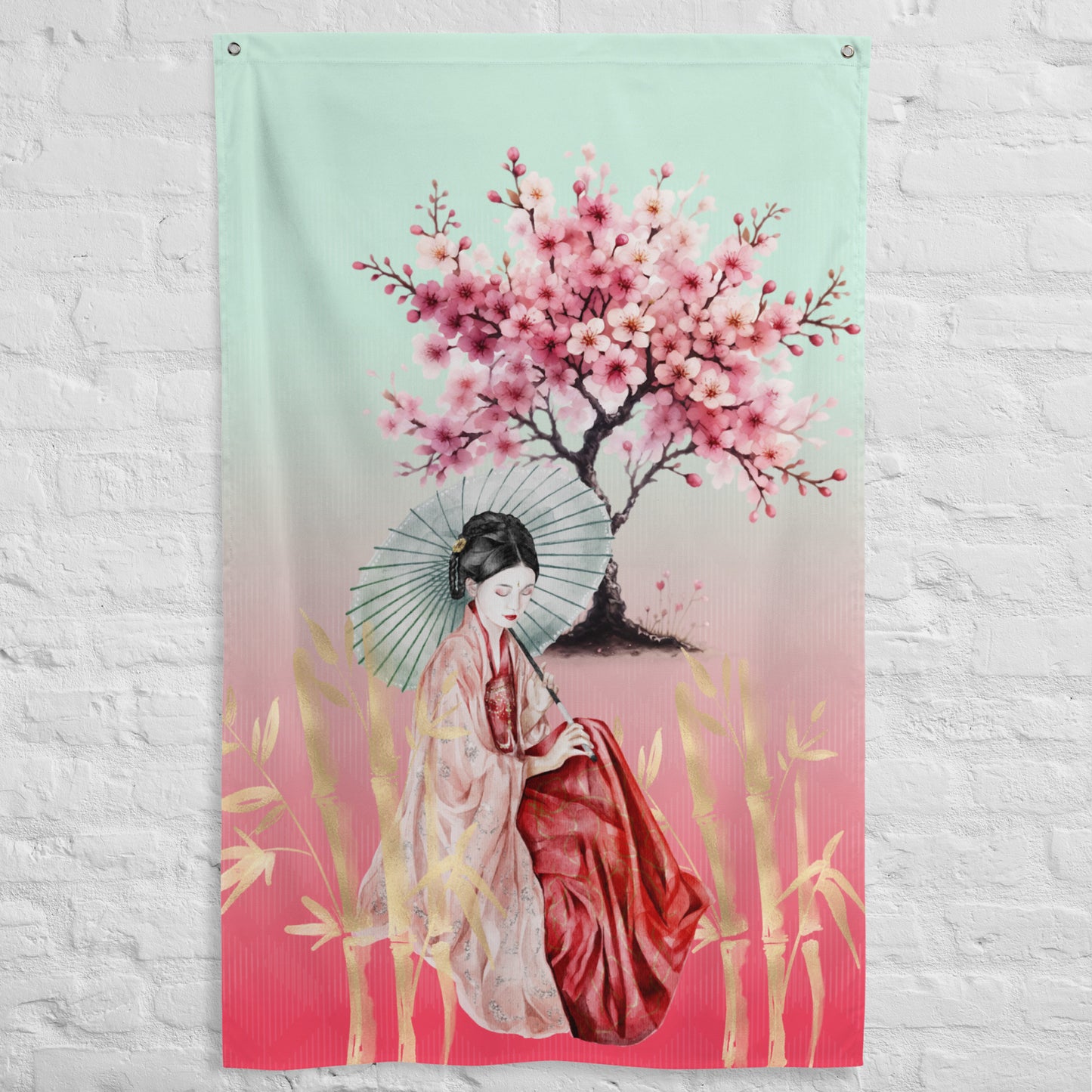 Flag - Geisha in front of cherry blossom tree by golden bamboo