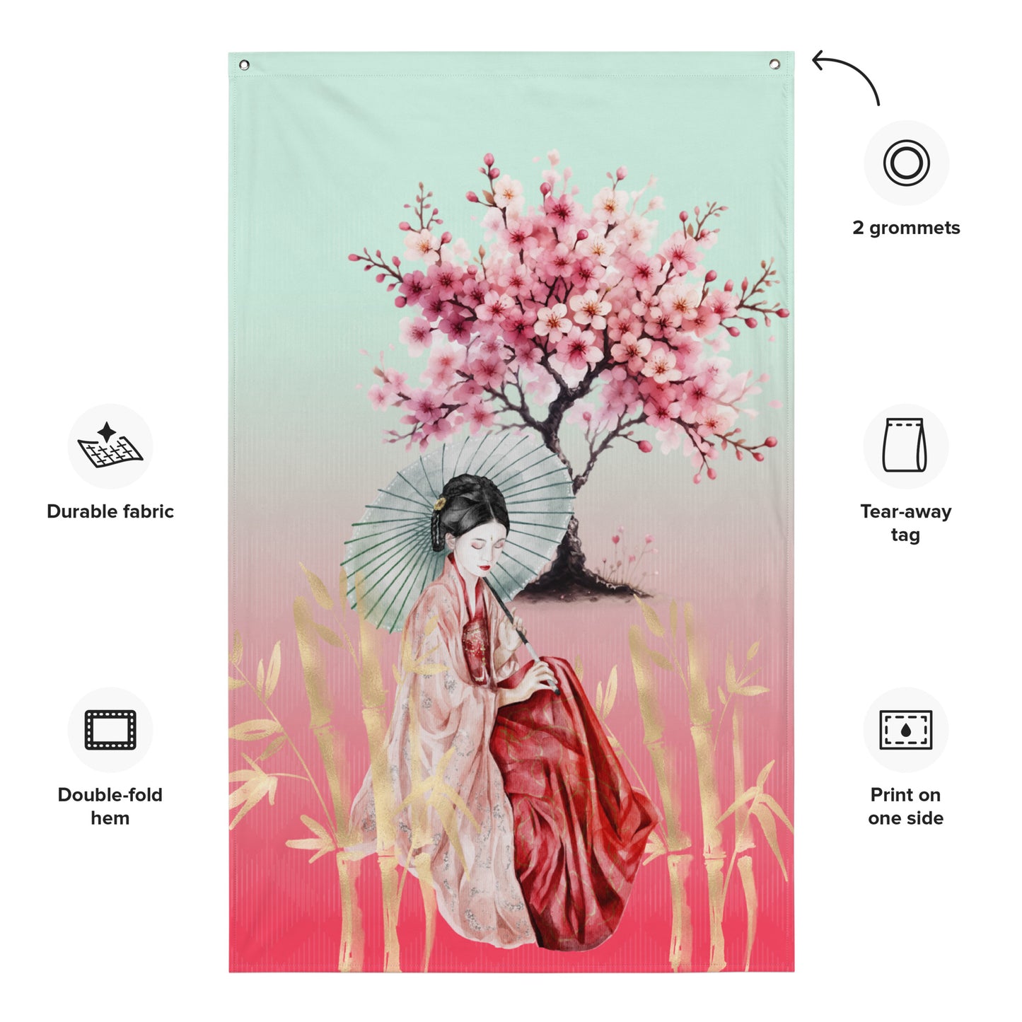 Flag - Geisha in front of cherry blossom tree by golden bamboo