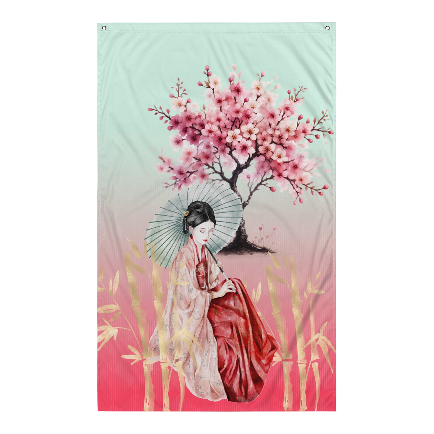 Flag - Geisha in front of cherry blossom tree by golden bamboo