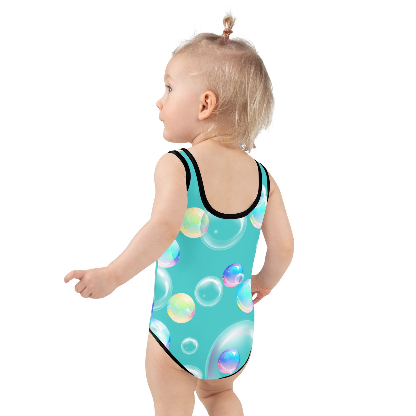 Kids Swimsuit - Bubbles with Dark Turquoise Black Stitching 2