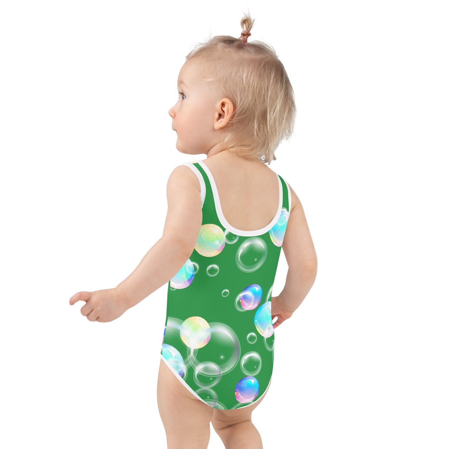 Kids Swimsuit - Bubbles with Sea Green Background with White Stitching 1