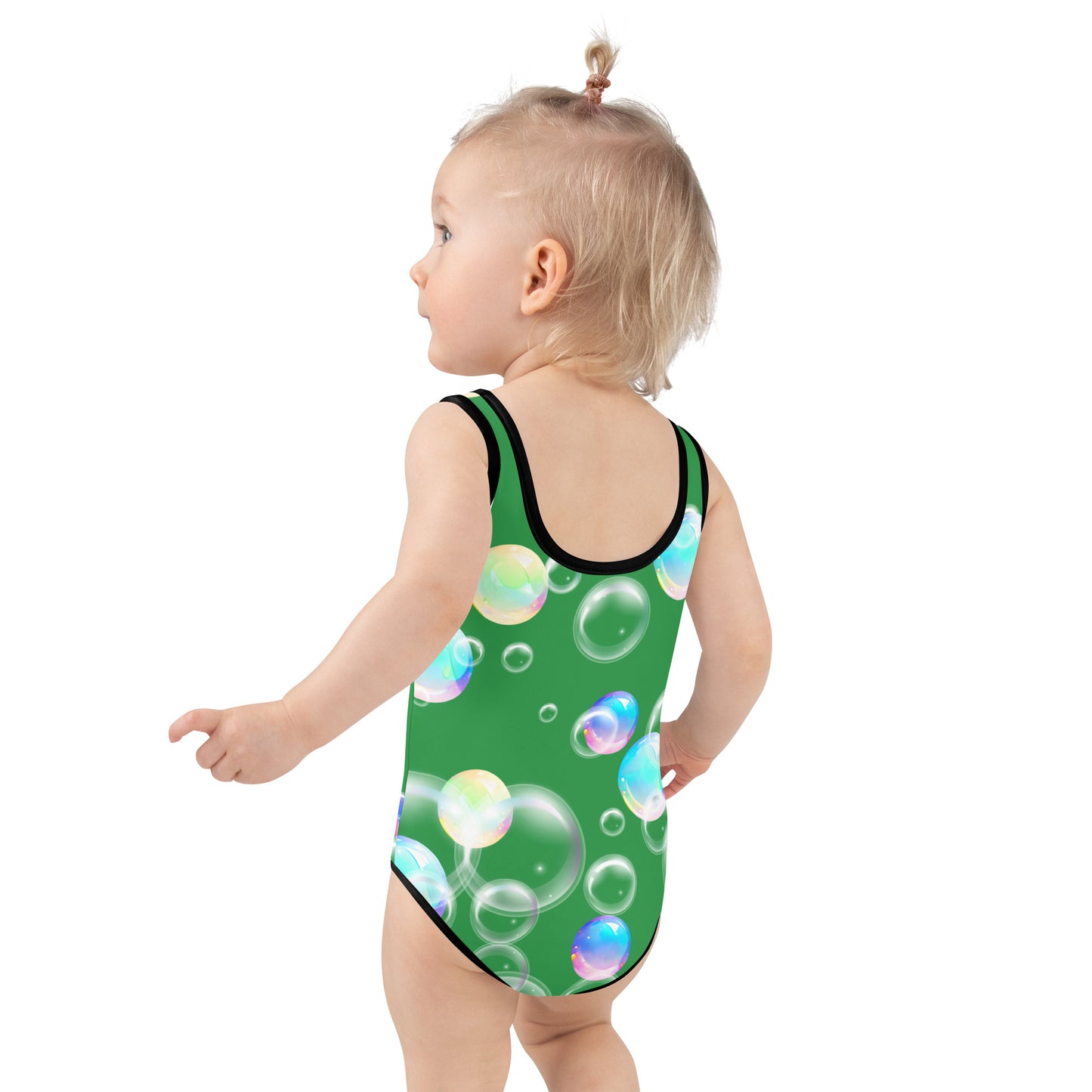 Kids Swimsuit - Bubbles with Sea Green Background with Black Stitching 2