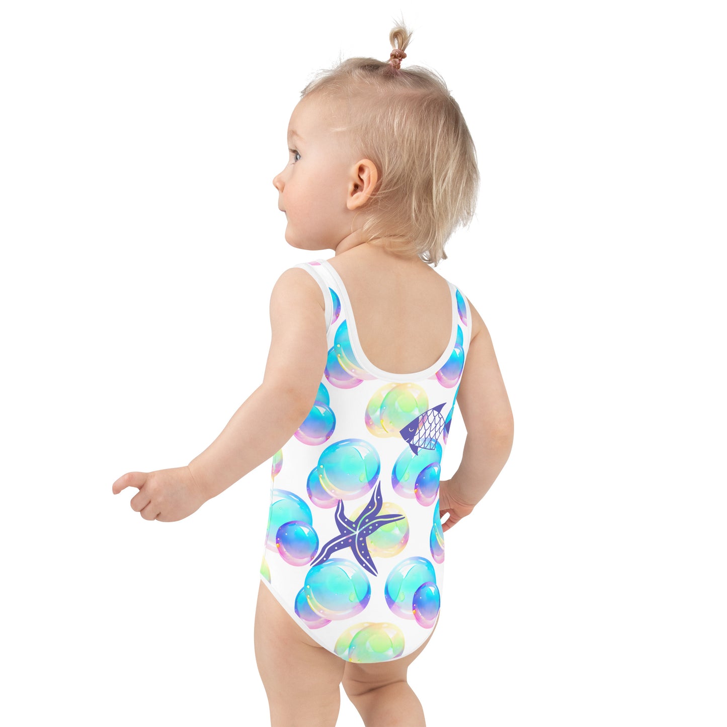 Kids Swimsuit - Bubbles Jellyfish Starfish Seahorse Fish with White stitching