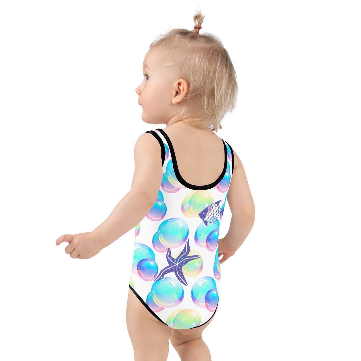 Kids Swimsuit - Bubbles Jellyfish Starfish Seahorse Fish with Black stitching