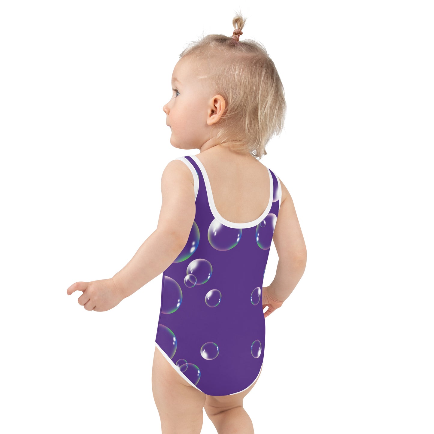 Toddler Swimsuit - Panda Baby with a Balloon and Bubbles in a Frog Suit with indigo