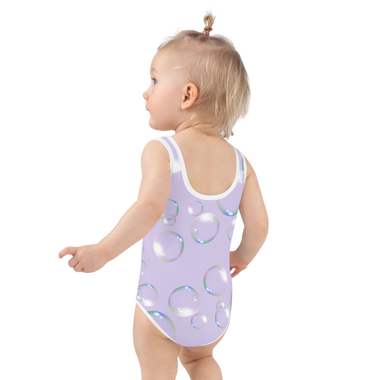 Toddler Swimsuit - Panda Baby with a Balloon in a Frog Suit Light Purple Color