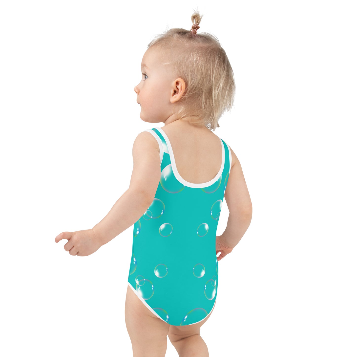 Toddler Swimsuit - Panda Baby with a Balloon in a Frog Suit with Iris Blue Color Dark Teal