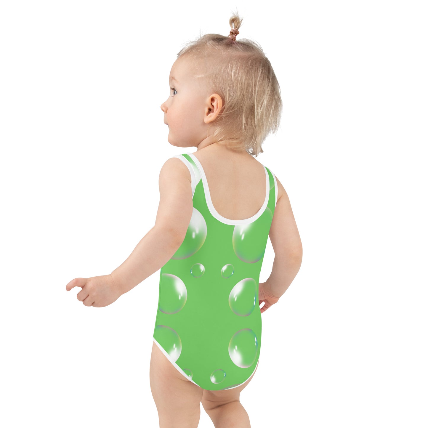 Toddler Swimsuit - Panda Baby with a Balloon in a Frog Suit Mantis Green