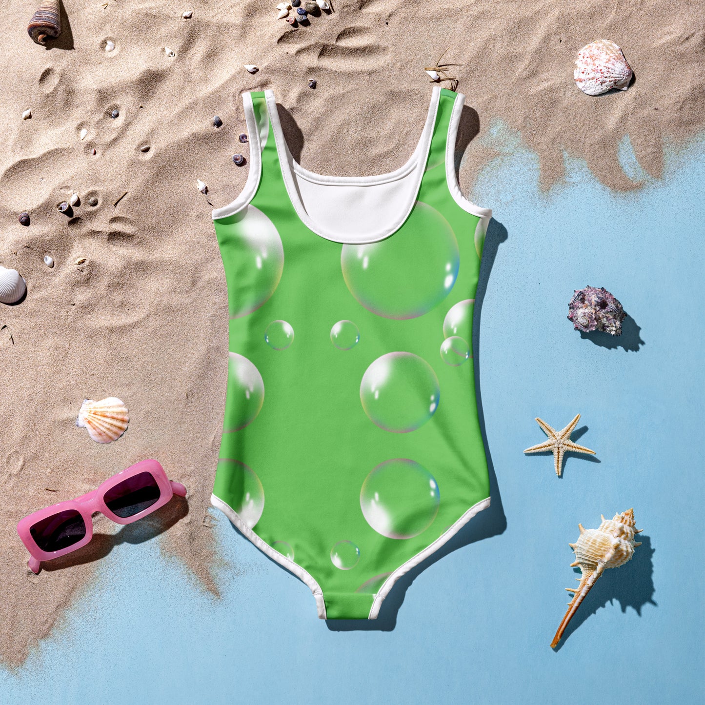 Toddler Swimsuit - Panda Baby 2 with a Balloon in a Frog Suit Mantis Green