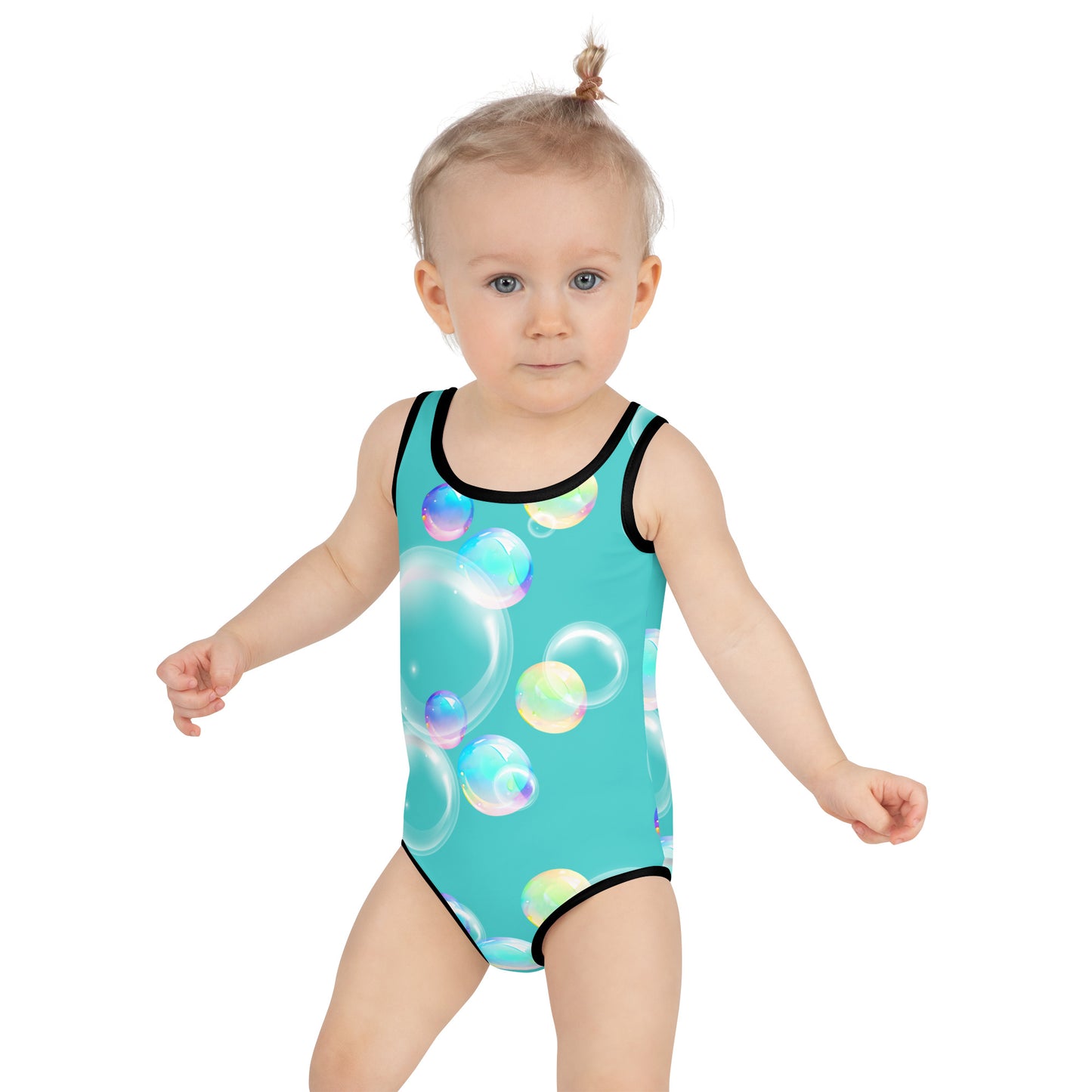 Kids Swimsuit - Bubbles with Dark Turquoise Black Stitching 2