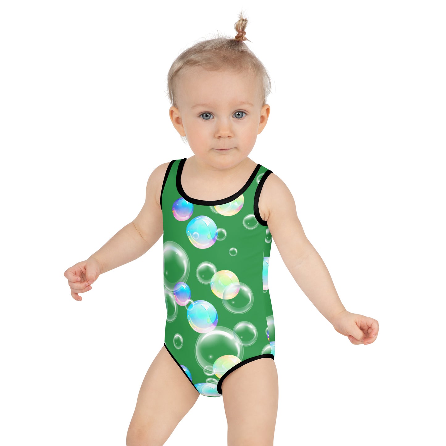 Kids Swimsuit - Bubbles with Sea Green Background with Black Stitching 2