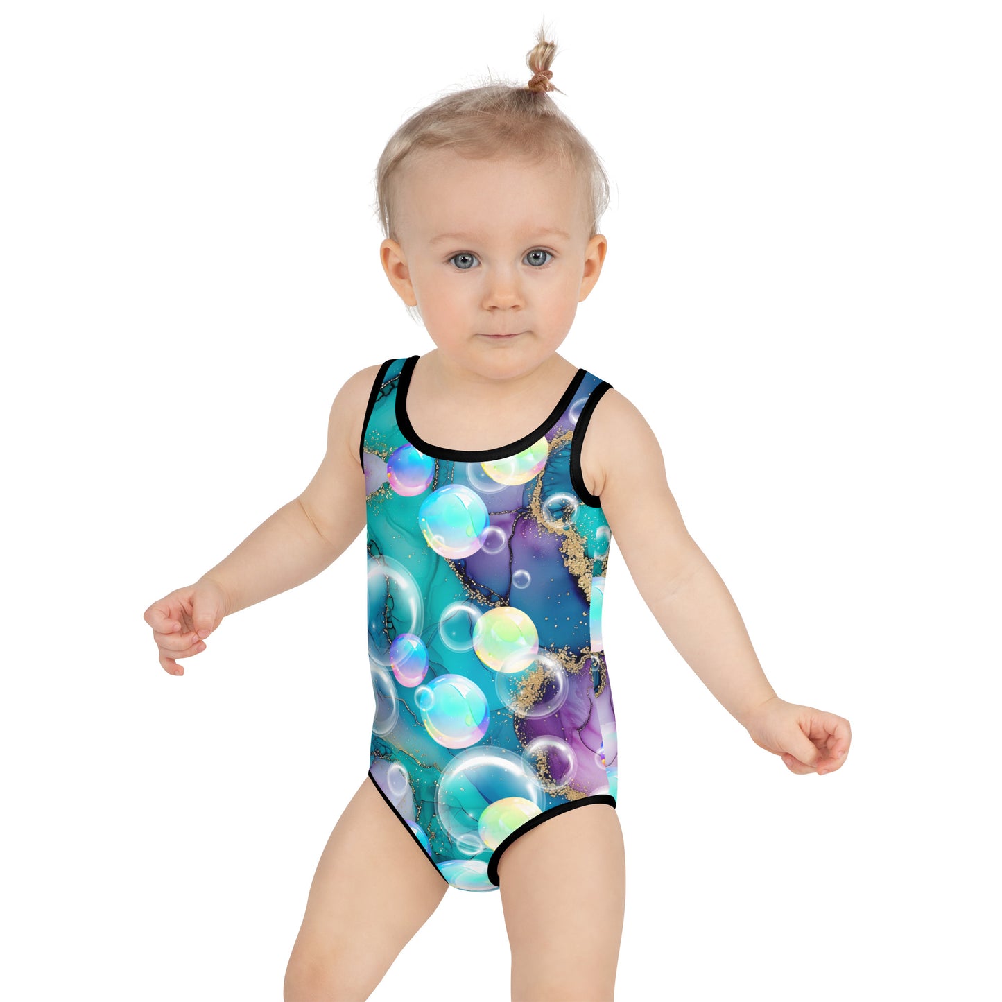 Kids Swimsuit - Bubbles with Agate Background with Black Stitching