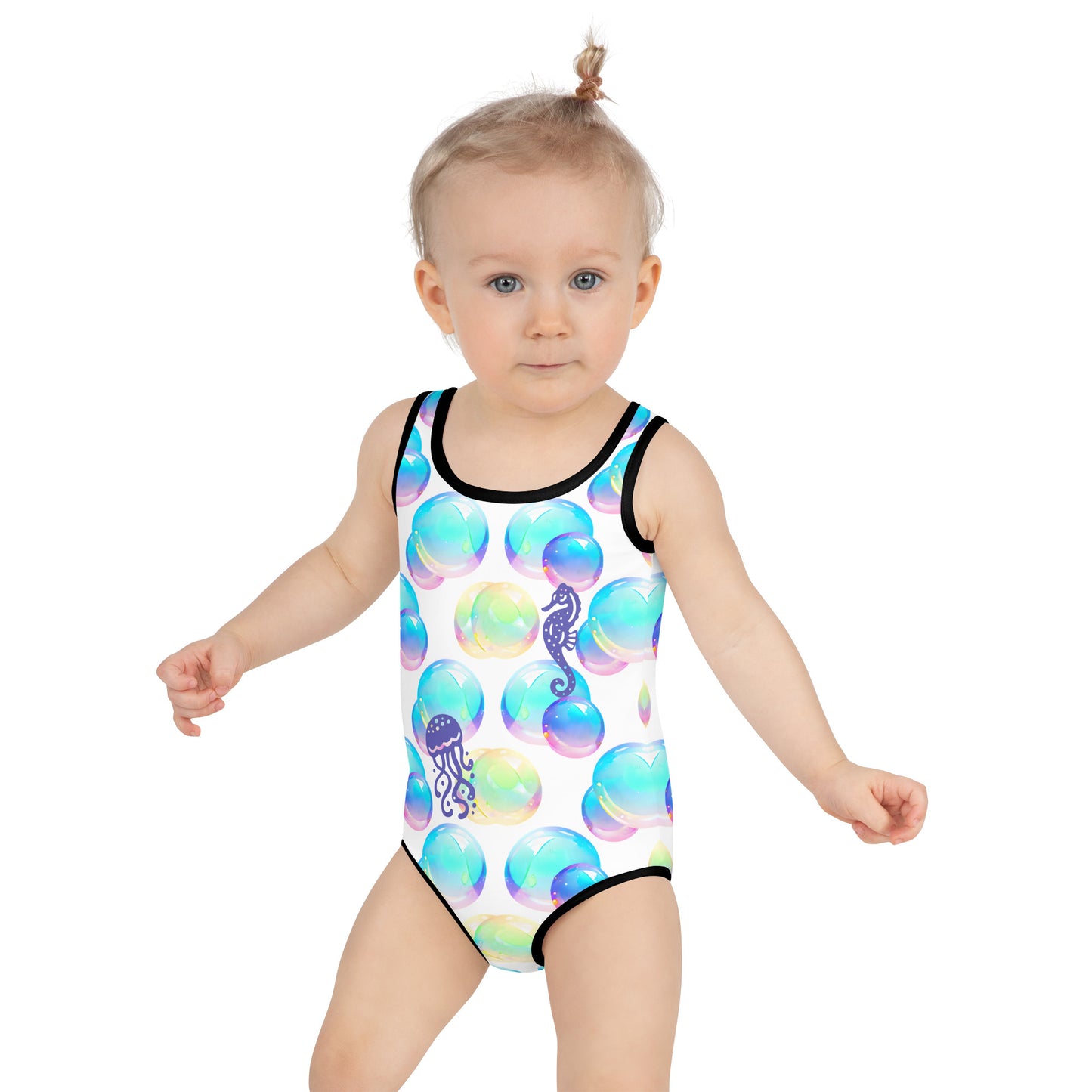 Kids Swimsuit - Bubbles Jellyfish Starfish Seahorse Fish with Black stitching