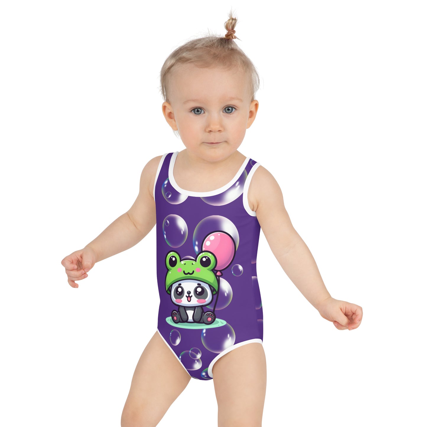 Toddler Swimsuit - Panda Baby with a Balloon and Bubbles in a Frog Suit with indigo