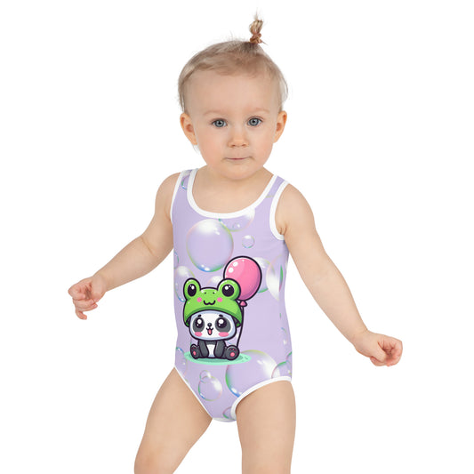 Toddler Swimsuit - Panda Baby with a Balloon in a Frog Suit Light Purple Color