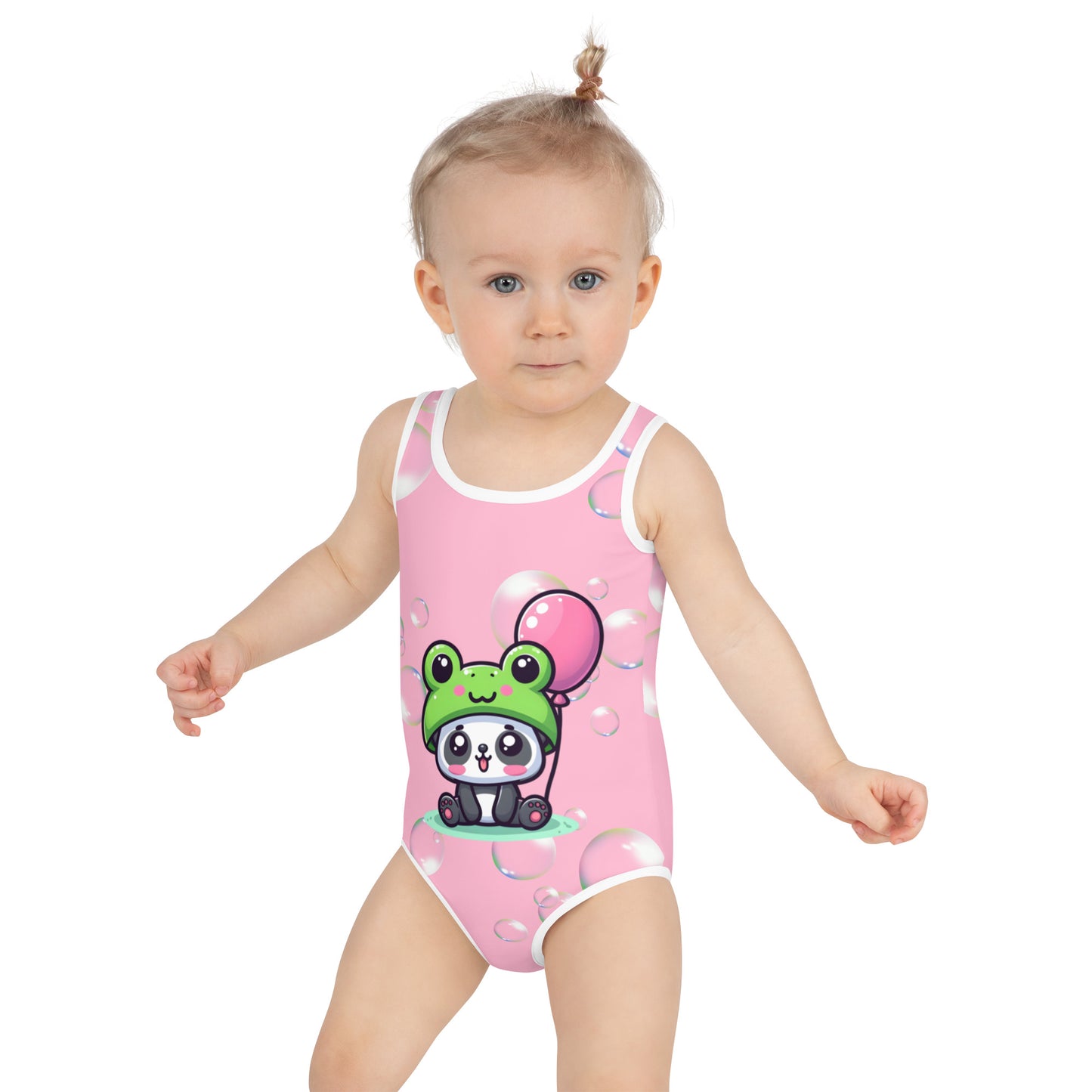 Toddler Swimsuit - Panda Baby with a Balloon in a Frog Suit Pink Color