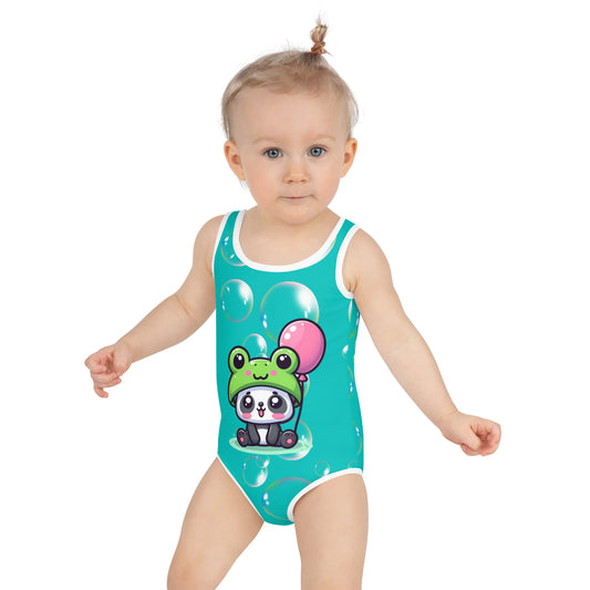 Toddler Swimsuit - Panda Baby with a Balloon in a Frog Suit with Iris Blue Color Dark Teal