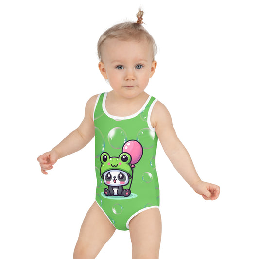 Toddler Swimsuit - Panda Baby with a Balloon in a Frog Suit Mantis Green