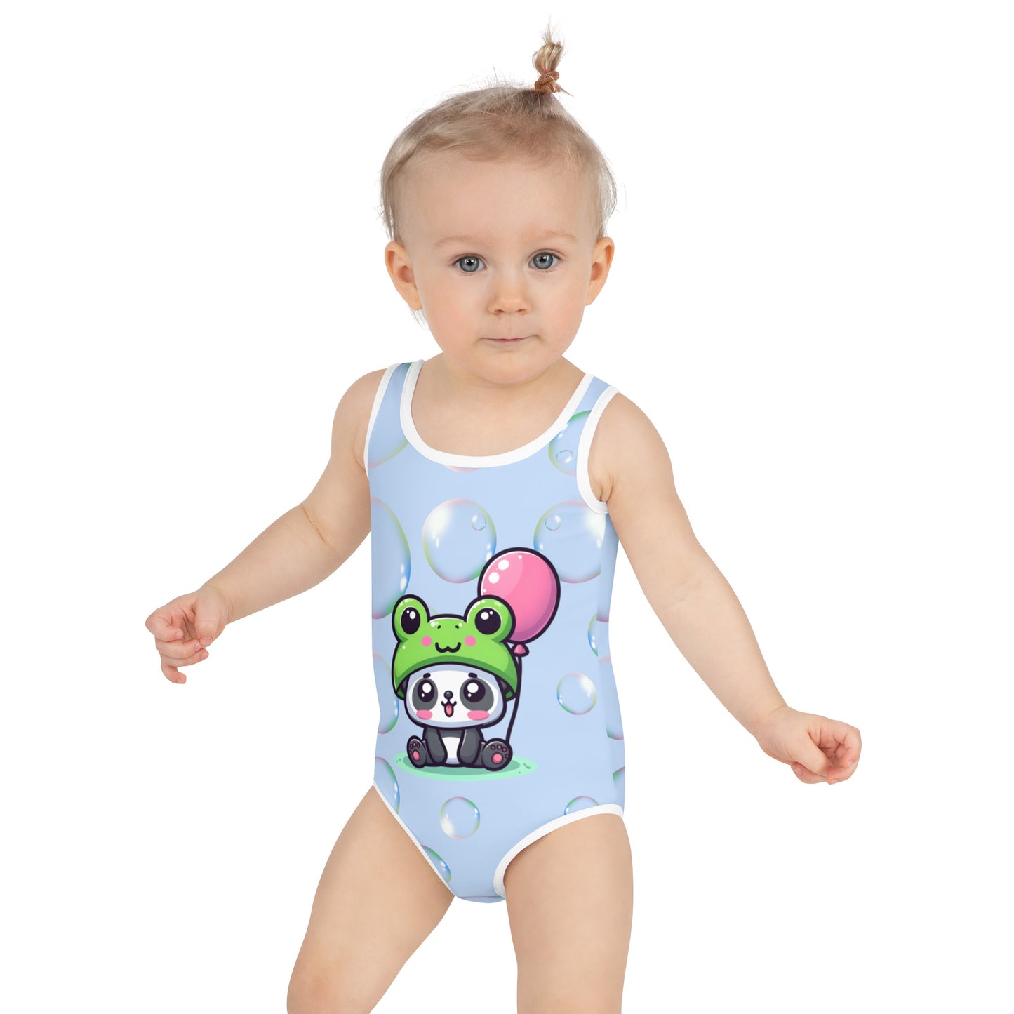 Toddler Swimsuit - Panda Baby with a Balloon in a Frog Suit Hawkes Light Blue