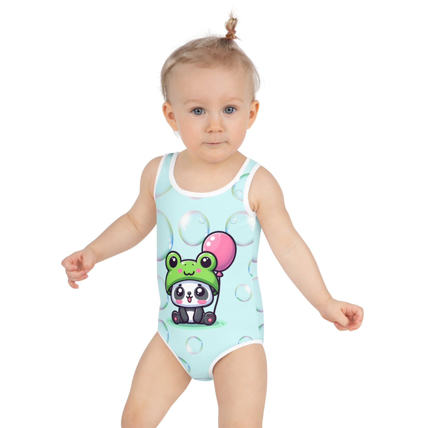 Toddler Swimsuit - Panda Baby with a Balloon in a Frog Suit Light Cyan