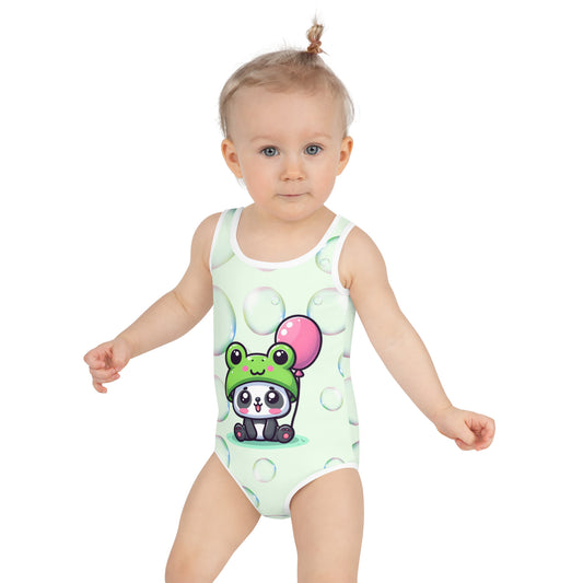 Toddler Swimsuit - Panda Baby with a Balloon in a Frog Suit Honeydew