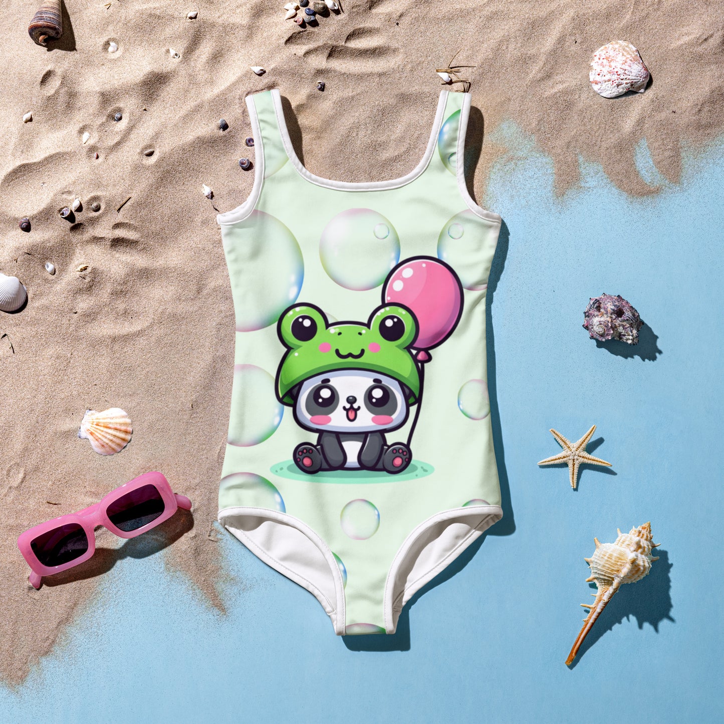 Toddler Swimsuit - Panda Baby with a Balloon in a Frog Suit Honeydew