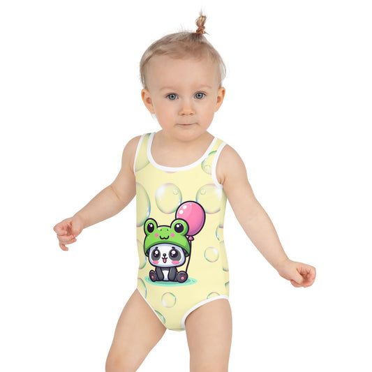 Toddler Swimsuit - Panda Baby with a Balloon in a Frog Suit Yellow