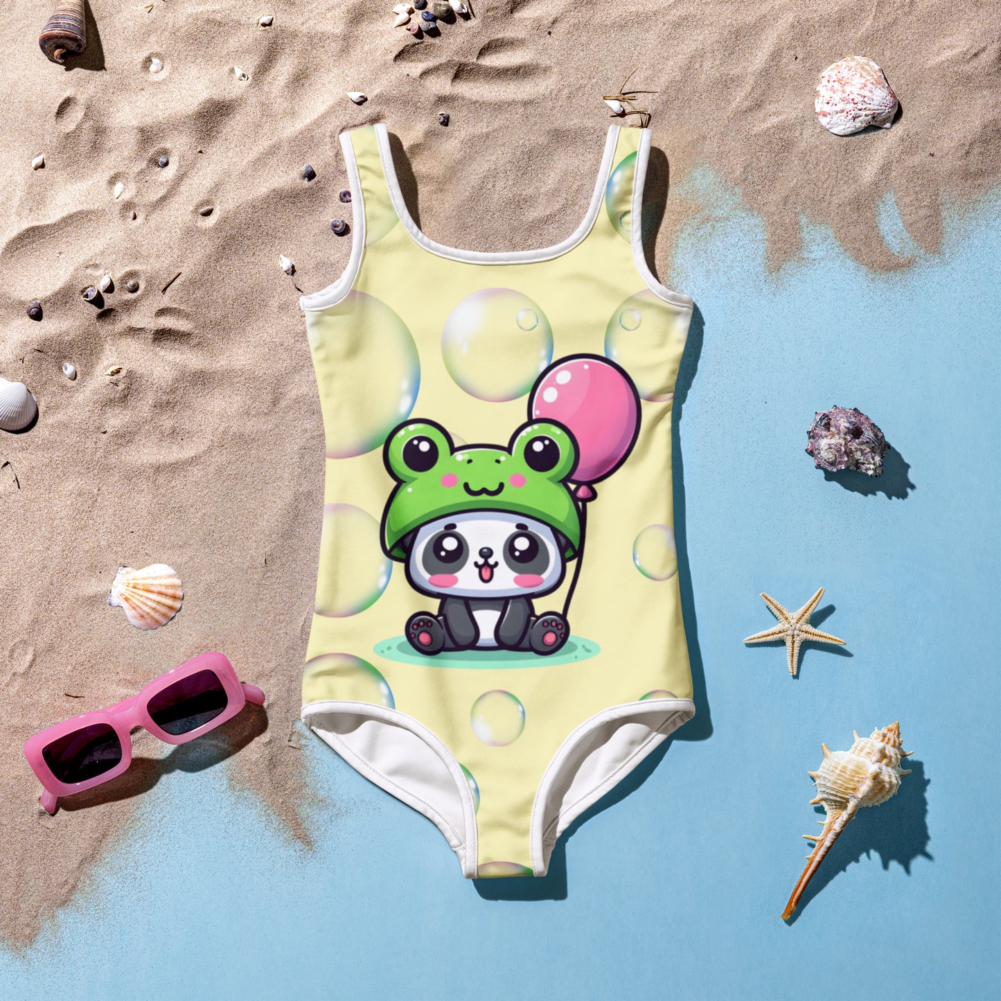 Toddler Swimsuit - Panda Baby with a Balloon in a Frog Suit Yellow