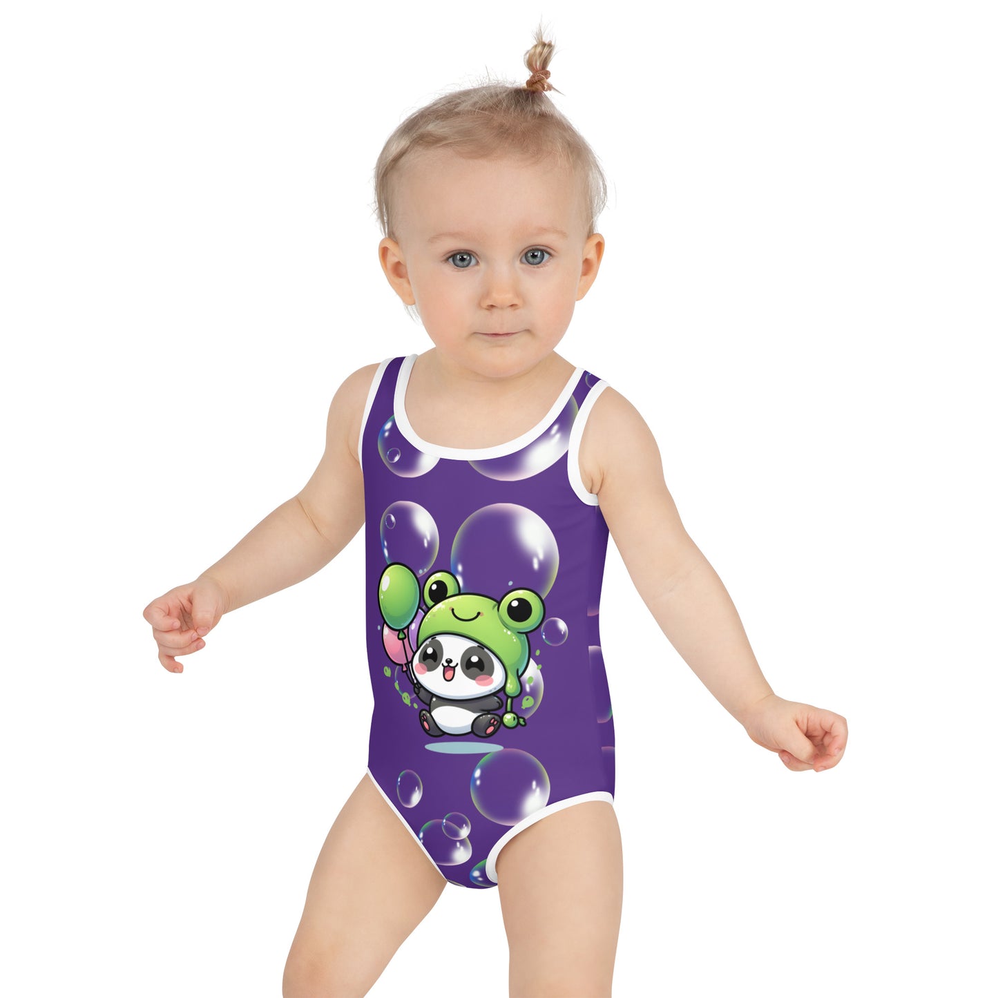 Toddler Swimsuit - Panda Baby 2 with a Balloon in a Frog Suit with indigo