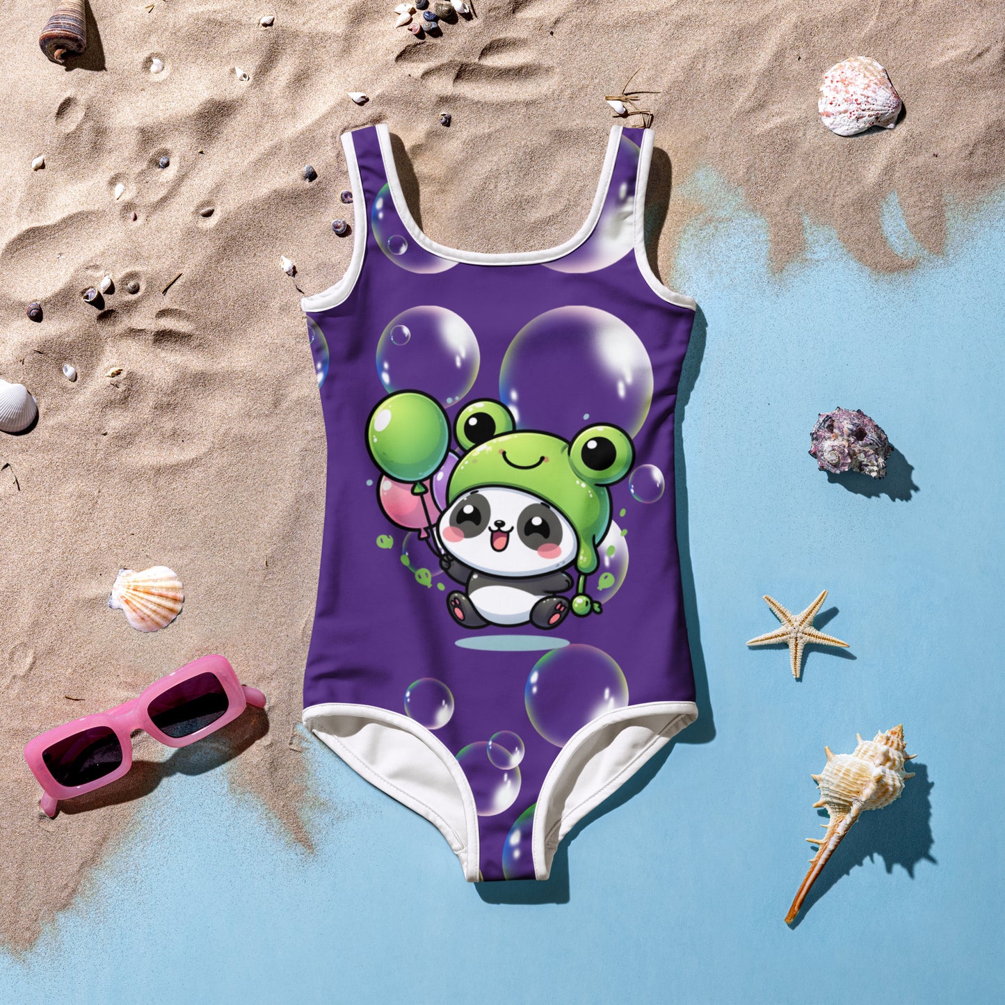 Toddler Swimsuit - Panda Baby 2 with a Balloon in a Frog Suit with indigo