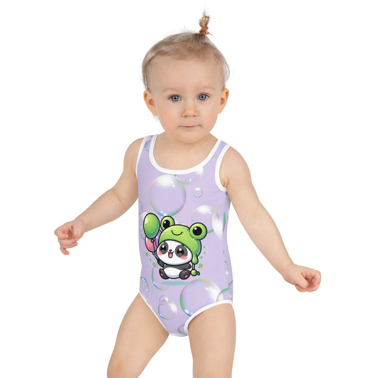 Toddler Swimsuit - Panda Baby 2 with a Balloon in a Frog Suit Light Purple Color