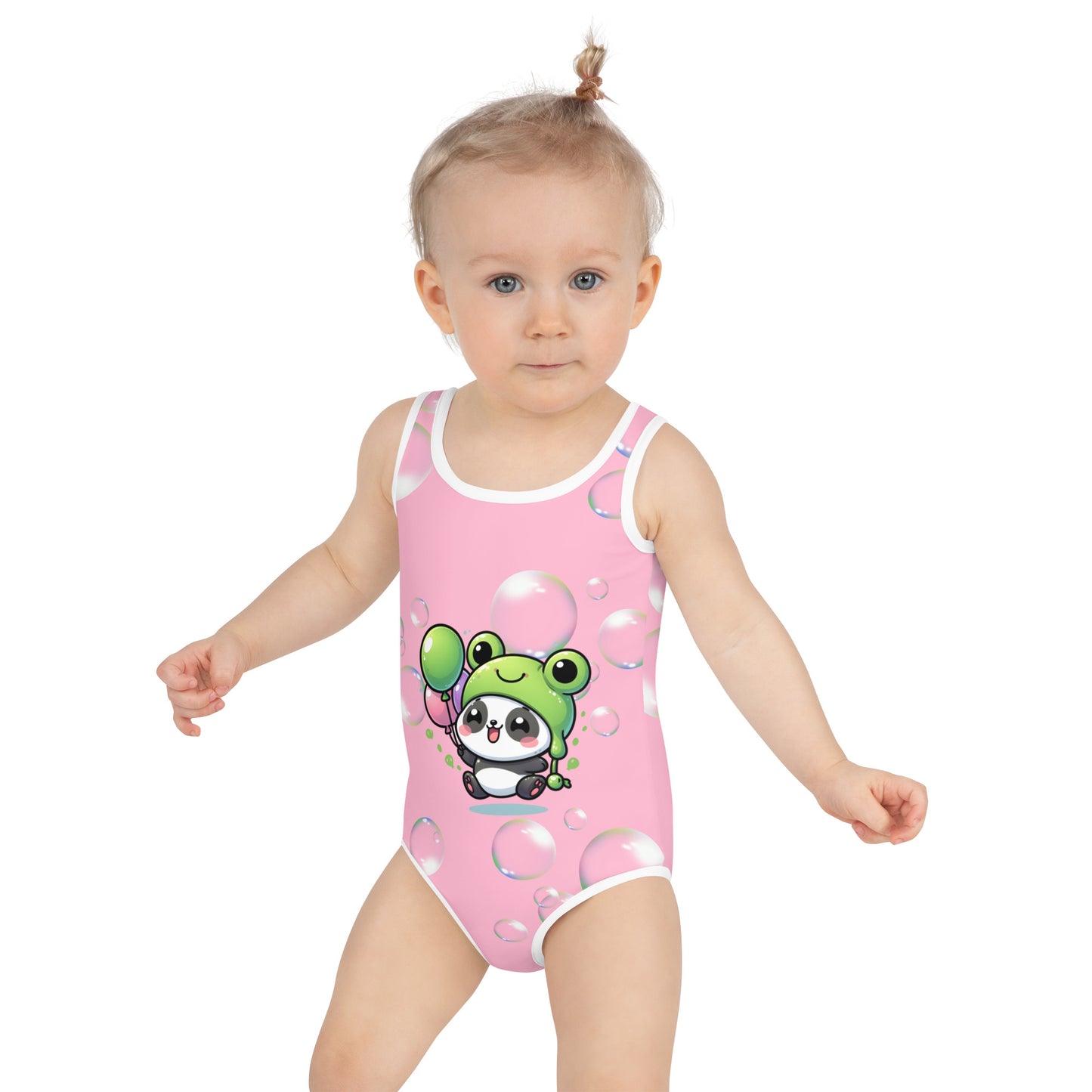 Toddler Swimsuit - Panda Baby 2 with a Balloon in a Frog Suit Pink Color