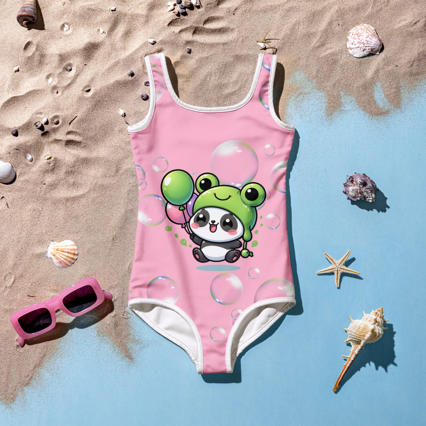 Toddler Swimsuit - Panda Baby 2 with a Balloon in a Frog Suit Pink Color