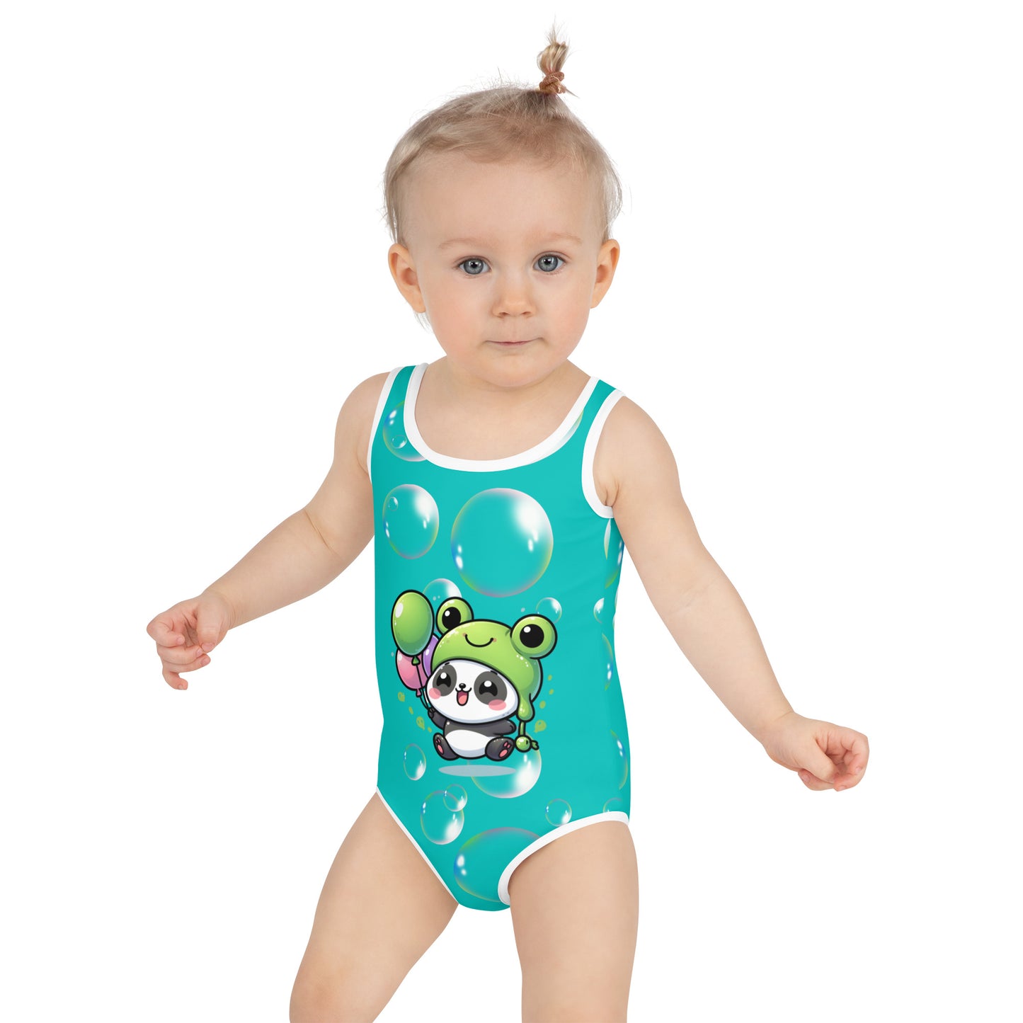 Toddler Swimsuit - Panda Baby 2 with a Balloon in a Frog Suit with Iris Blue Color Dark Teal