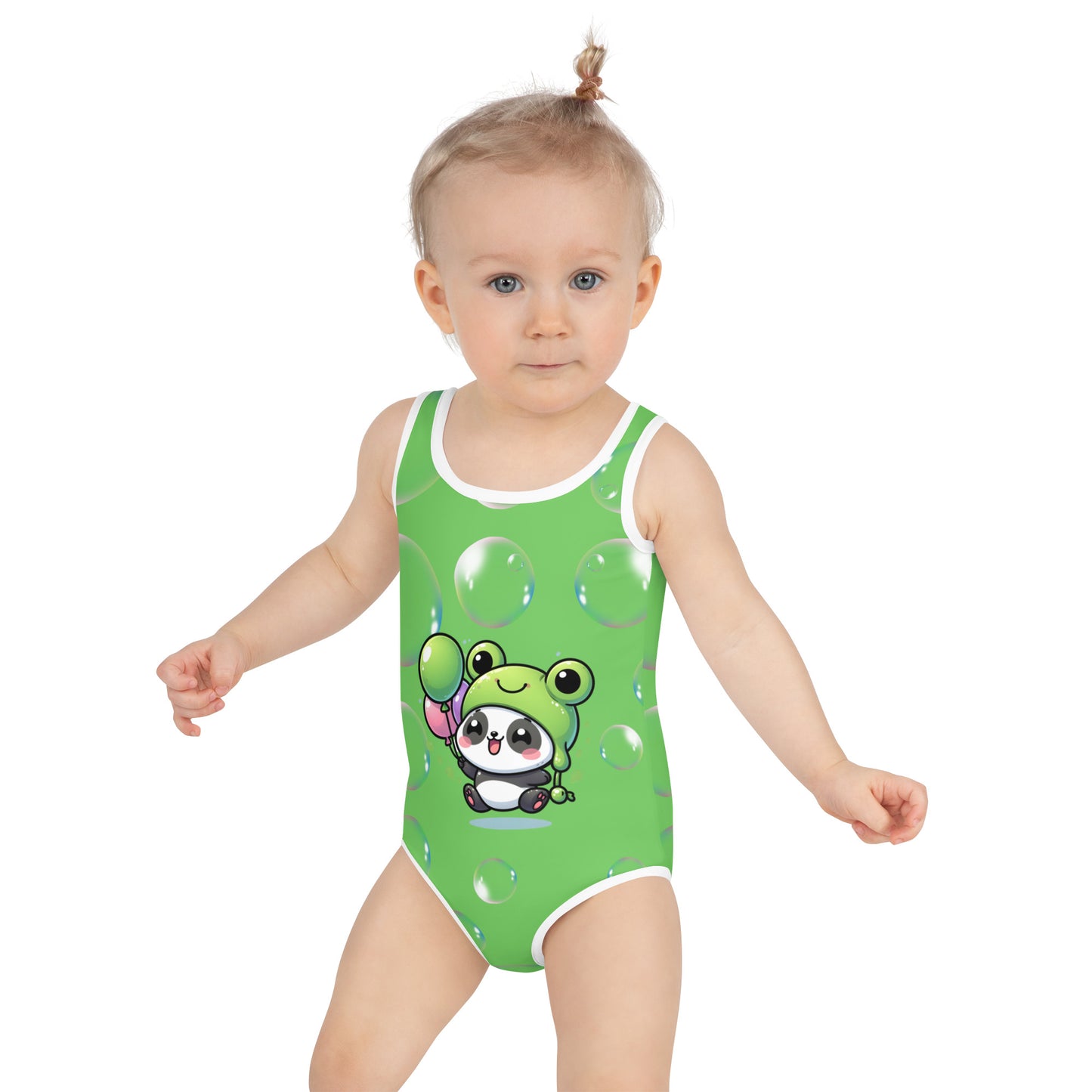 Toddler Swimsuit - Panda Baby 2 with a Balloon in a Frog Suit Mantis Green