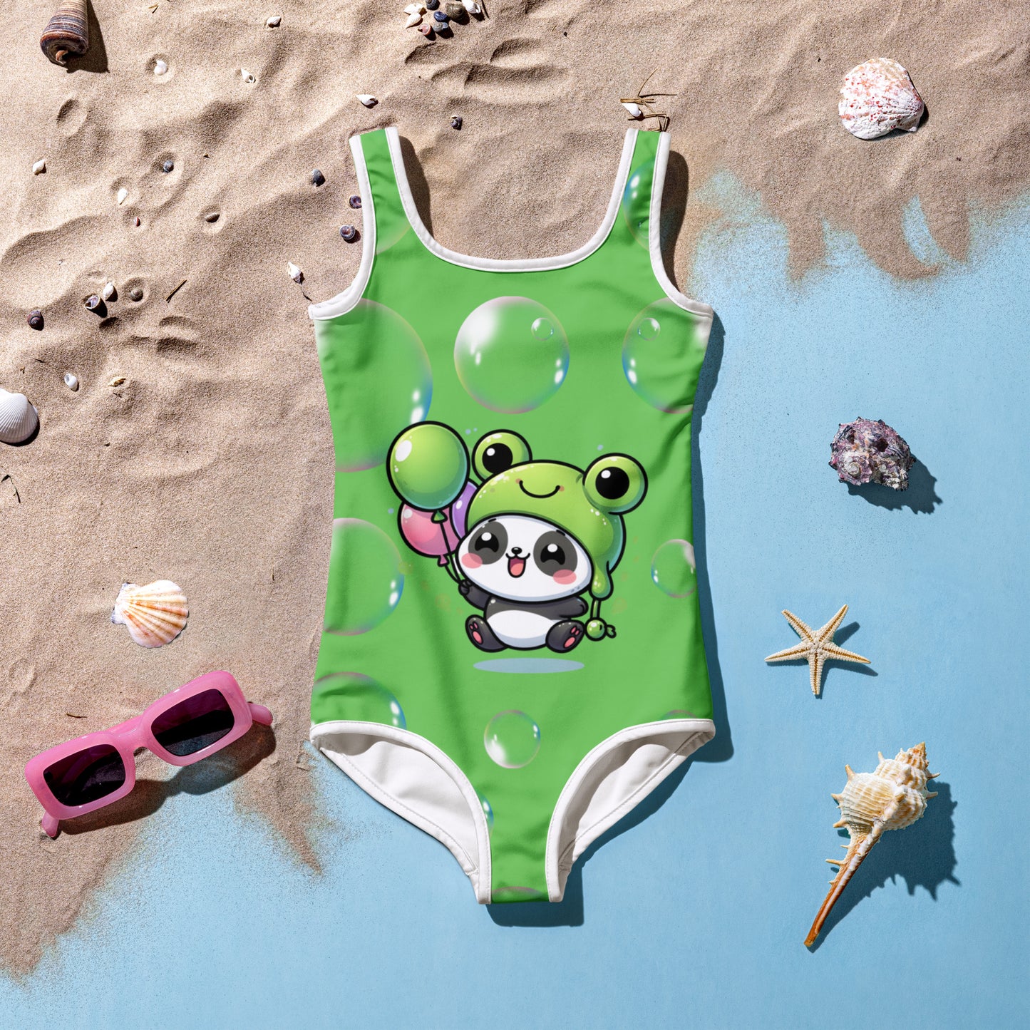 Toddler Swimsuit - Panda Baby 2 with a Balloon in a Frog Suit Mantis Green